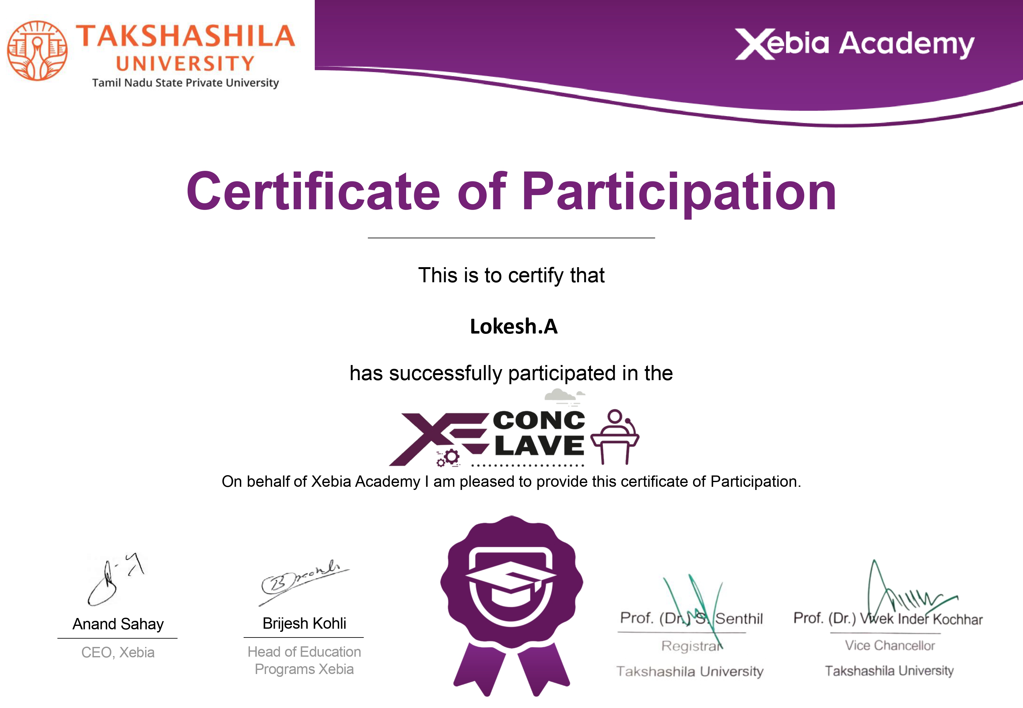Xebia Xe-Conclave Participation Certificate – Lokesh 2024