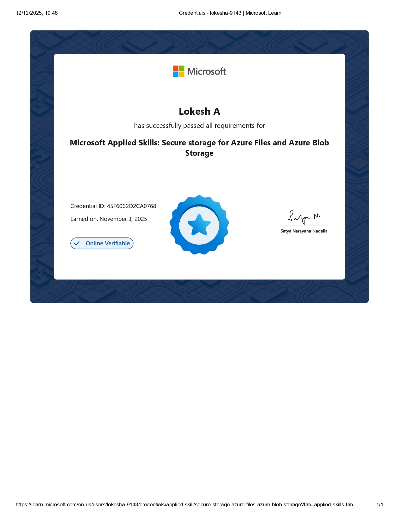 Microsoft Applied Skills: Secure Storage for Azure Files and Azure Blob Storage – Lokesh 2025