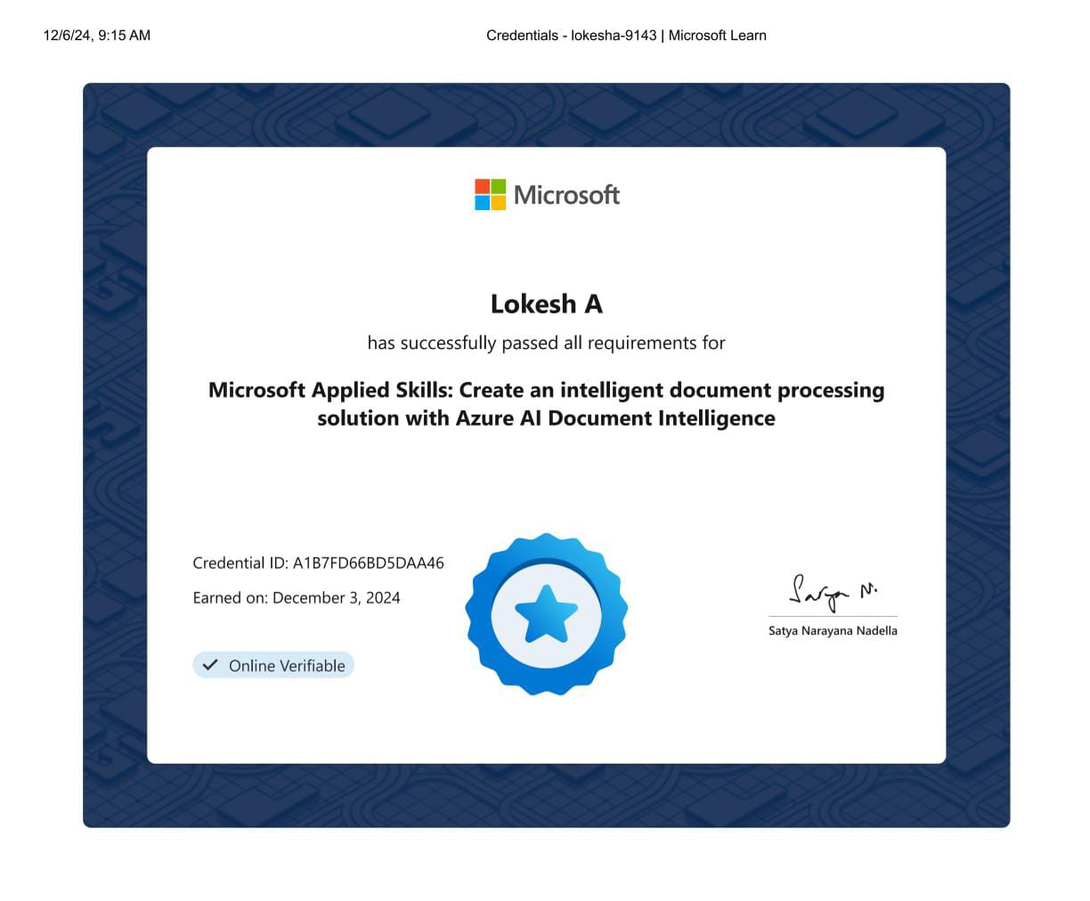 Microsoft Azure AI Fundamentals Certificate – Lokesh 2024
