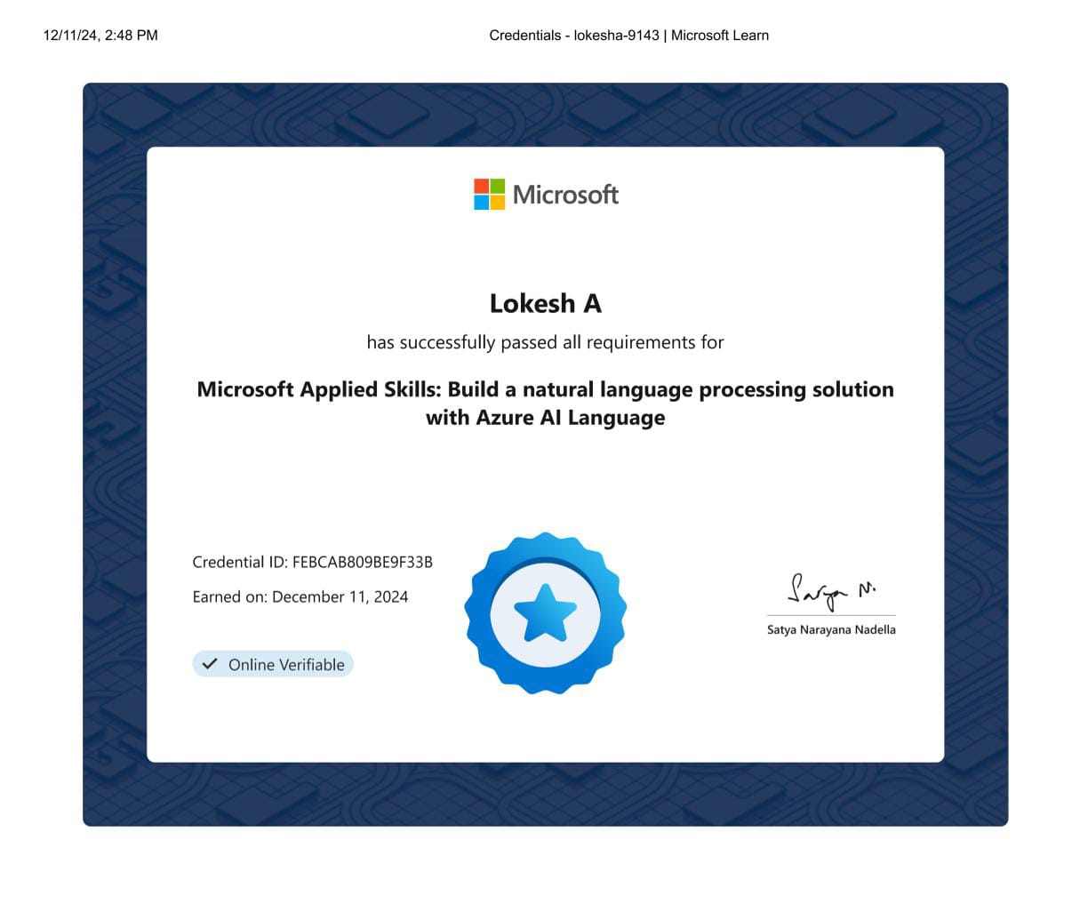 Microsoft Azure AI Certification – Lokesh 2024